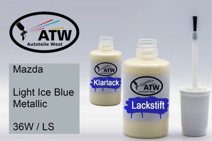 Mazda, Light Ice Blue Metallic, 36W / LS: 20ml Lackstift + 20ml Klarlack - Set, von ATW Autoteile West.